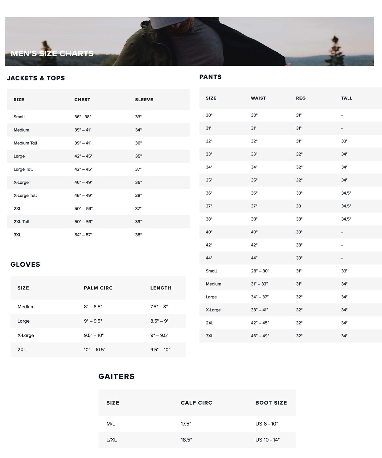 Sitka Size Guide Cluny Country