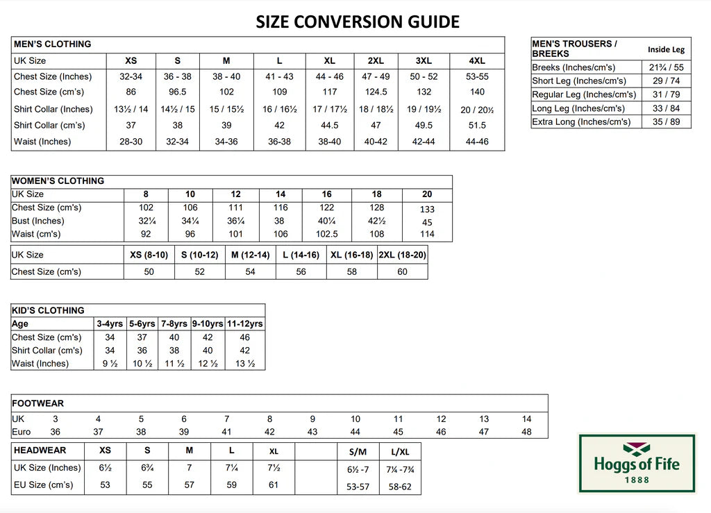 Hoggs Size Chart